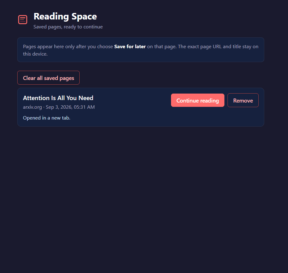 readTrail Reading Space showing a saved article with Continue reading and Remove actions